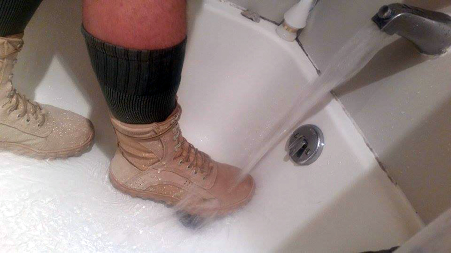 Breaking in new boots - first thing to do is get 'em wet (that's what she said). 
