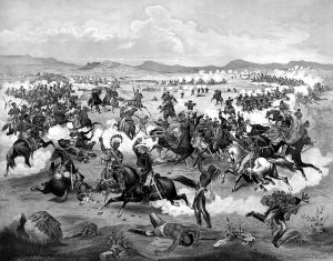Black and White Image of the Battle of Little Bighorn.