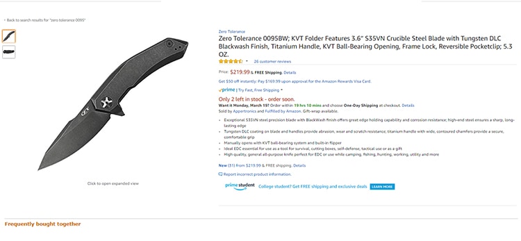 ZT0095 Zero Tolerance folding knife on Amazon. 