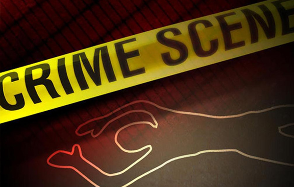 Crime scene tape with a chalk outline in the background.