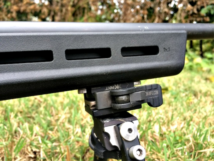 The Magpul X22 has MLOK slots for accessory attachments. In this photo, a bipod has been attached.