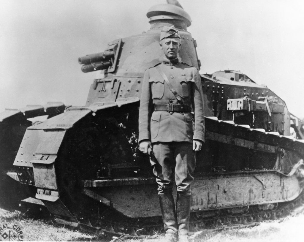 George Patton in front of his tank during the early years of the US Army's armored effort. 
