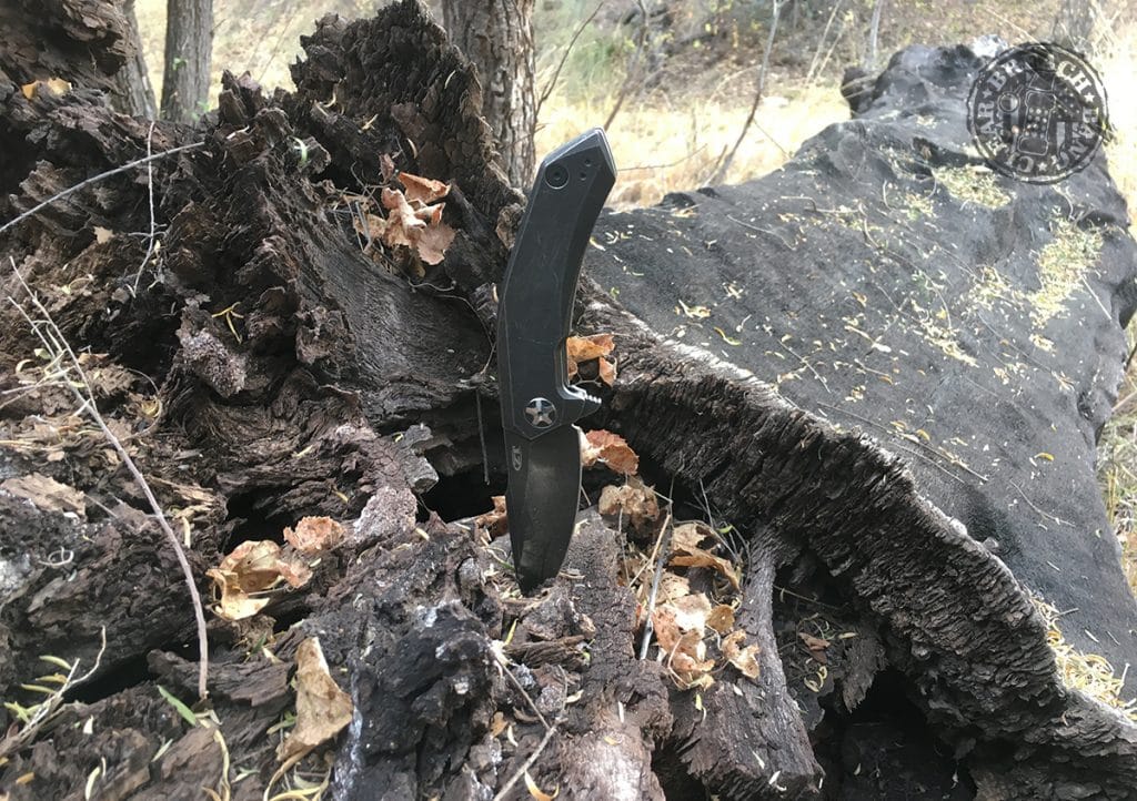 Zero Tolerance ZT0095BW Folding Knife in a tree stump.