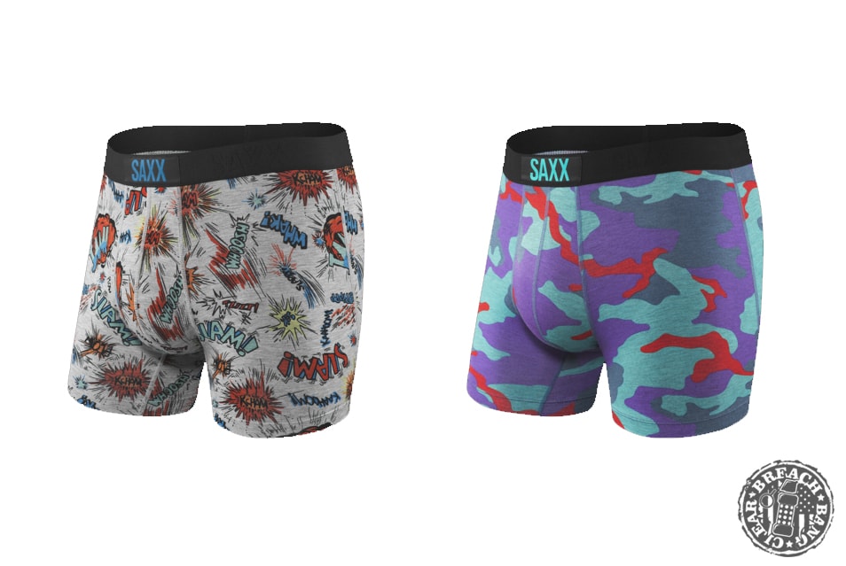 Saxx underwear in superhero print and a strange camo print. 