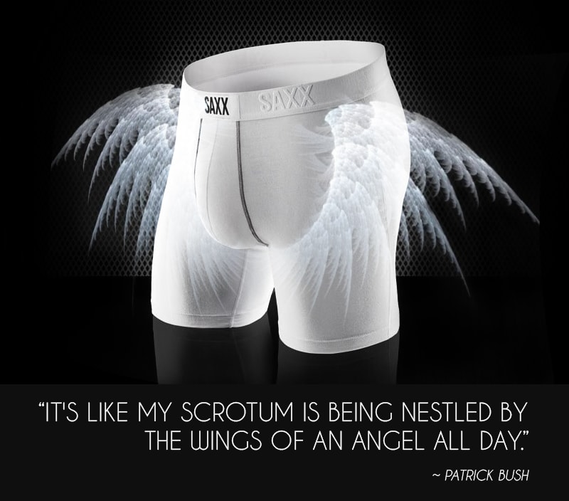 Saxx Underwear Review. "It's like my scrotum is being nestled by the wings of an angel all day." Patrick Bush.