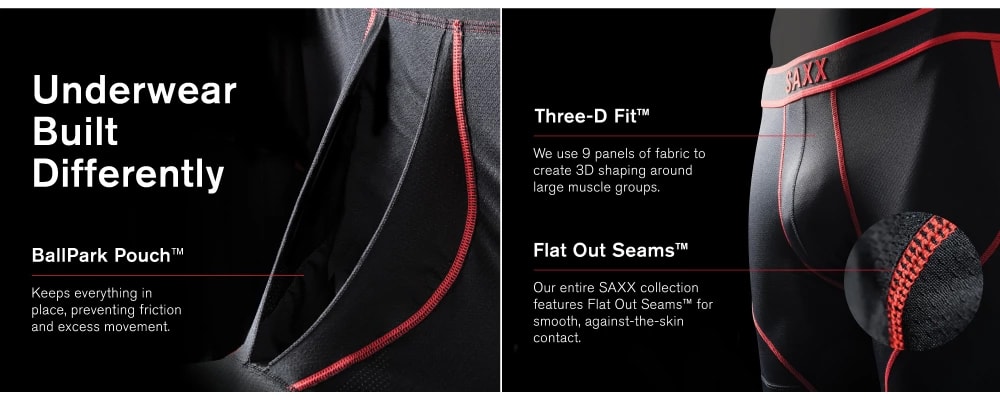 Saxx Underwear features. Infographic reads: Underwear built differently. BallPark Pouch. Keeps everything in place, preventing friction and excess movement. Three-D Fit. We use 9 panels of fabric to create 3D shaping around large muscle groups. Flat Out Seams. Our entire SAXX collection features Flat Out Seams for smooth, against the skin contact.