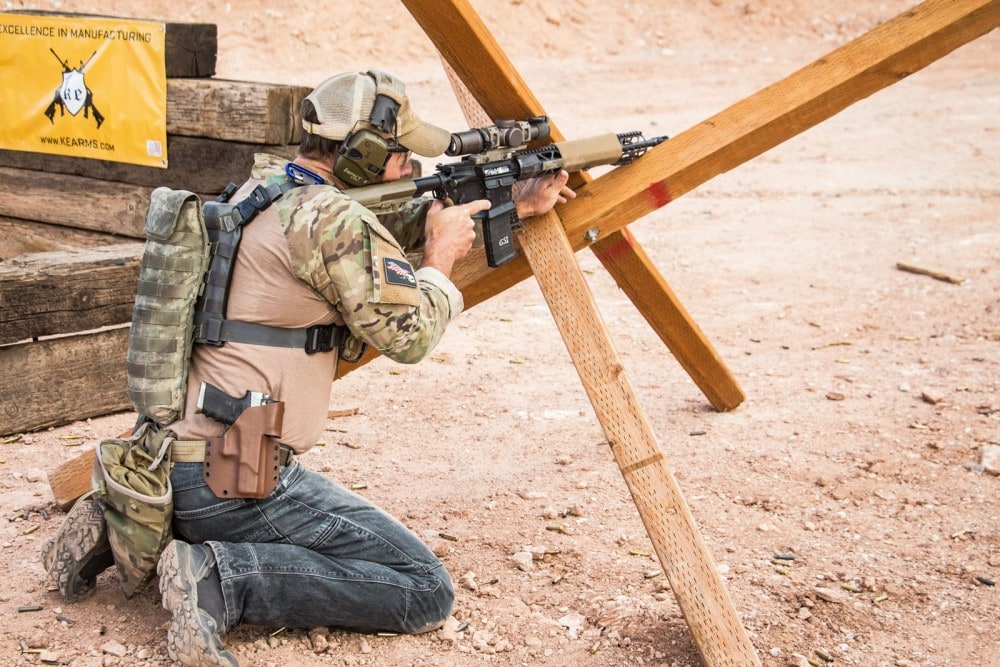 Independence Training's Glen Stilson uses his KE-15 Shooting Team Rifle with Vortex Razor 1-6X to engage long range steel from the tank trap in the Trooper Armored Division of the HaH Heroes 2 Gun Action Match. 