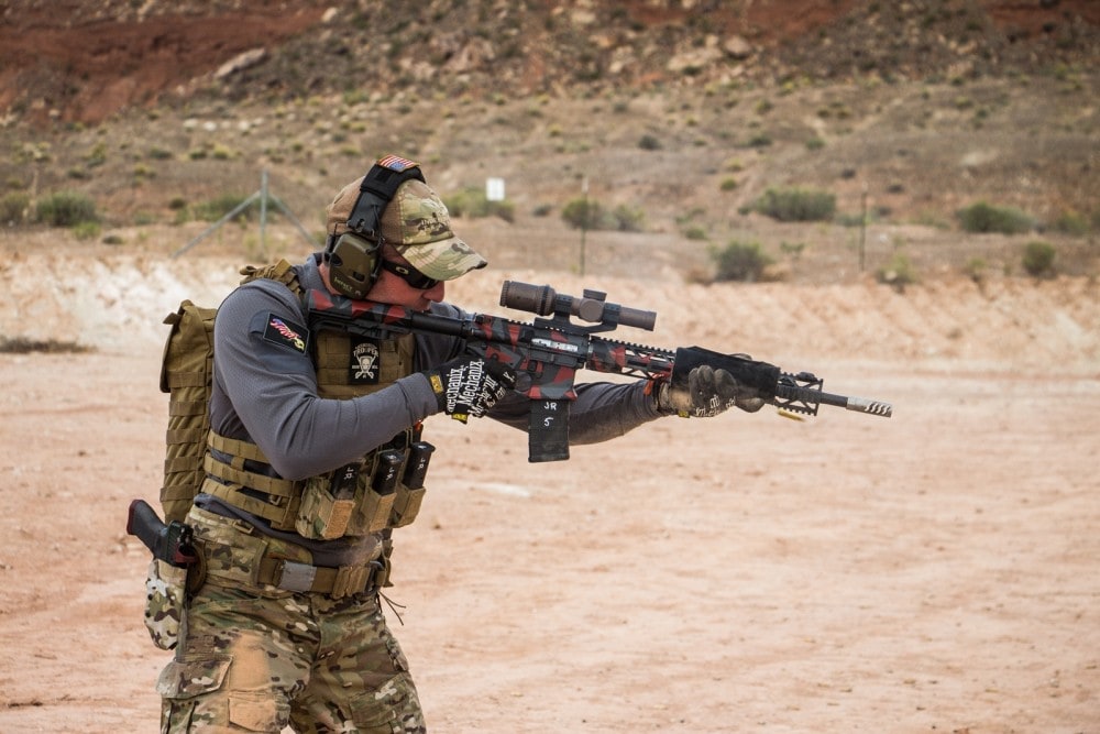 A stage from Trooper Armored Division - Independence Training's Josh Reeves engages close range paper in Trooper-Armored with his KE-15 Shooting Team Rifle with Vortex Razor 1-6X, cerakote by We Plead the 2nd. InRange's Karl Kasarda engages close range paper with his AK74 with Trijicon Accupoint. 