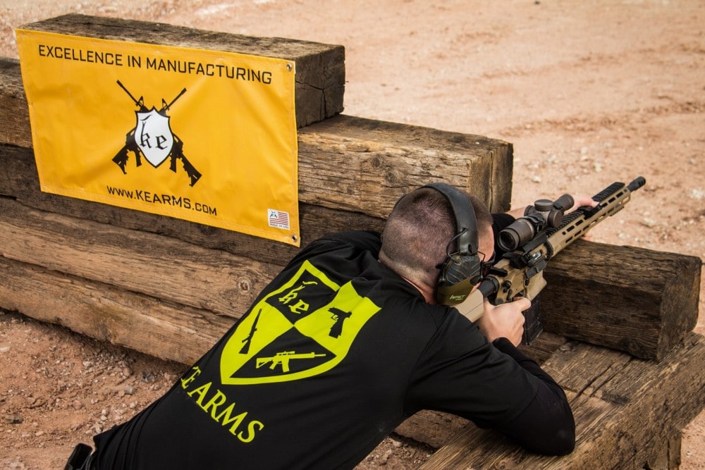 Competing in the Tactical Division of the Hard as Hell Heroes 2 Gun match, Jordan Henderson engages long range steel from the bunker with his KE-15 Shooting Team Rifle with Vortex Razor 1-6X at the Southern Utah Practical Shooting facility.