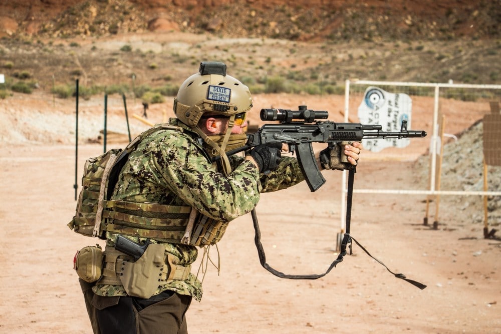 InRange's Karl Kasarda engages close range paper with his AK74 with Trijicon Accupoint at the Southern Utah Practical Shooting Range during the 2018 Hard as Hell Heroes 2 Gun Action Match. 