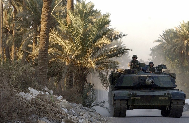 An M1A1 Abrams main battle tank from the U.S. Army, A Company, Task Force 1st Battalion, 35th Armor Regiment, 2nd Brigade Combat Team, 1st Armored Division patrols Baghdad (courtesy of EUCOM official). 