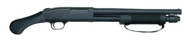 The Mossberg 590 Shockwave 6-shot, chambered in 12 gauge, uses dual extractors, twin action bars, and an anti-jam elevator.