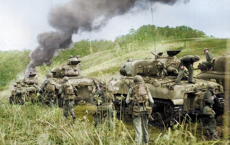 Sherman tanks supporting 162nd Infantry Regiment at Hollandia New Guinea 1944