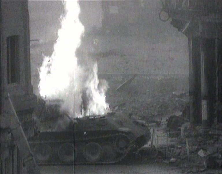 German Panther tank fighting an American T-26 Pershing near the cathedral during the Battle of Cologne. The 3rd Armored Division was supporting advancing Allied infantry. 