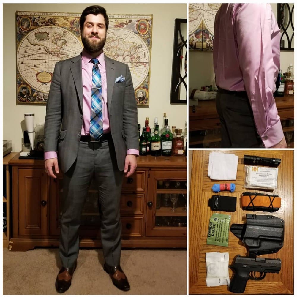 Aaron Haskins of Acuto Concepts demonstrating good concealed carry technique while dressed for a formal occasion.