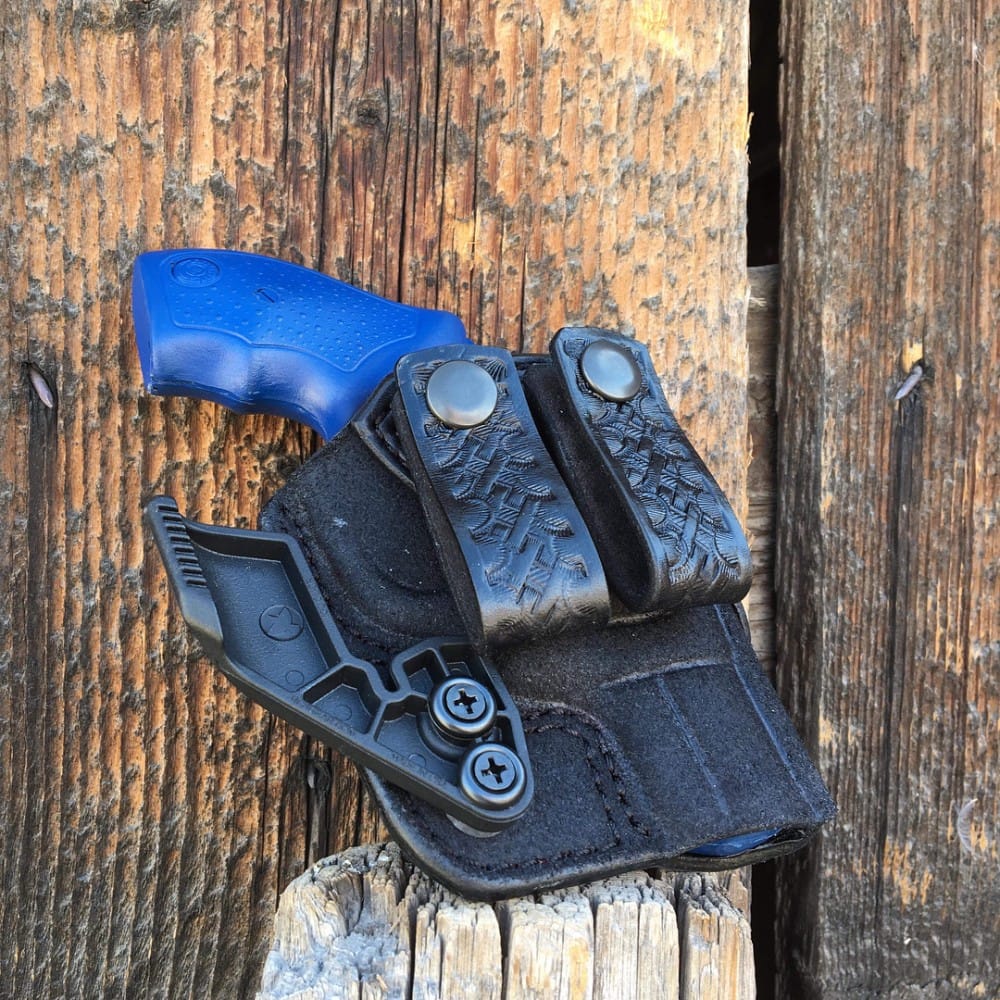 A custom AIWB Holster to carry a snub revolver appendix style concealed carry, handmade by Bitter Root Gunleather. 