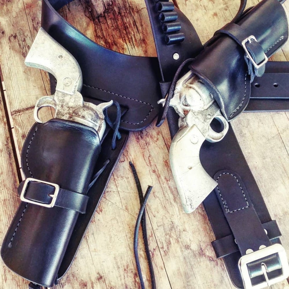 A1 Quickdraw style custom leather revolver holster for SASS shooters or old school sixgun two-gun carry by Circle KB Holsters - from the Breach Bang Clear "Gunleather Threesome" article. 