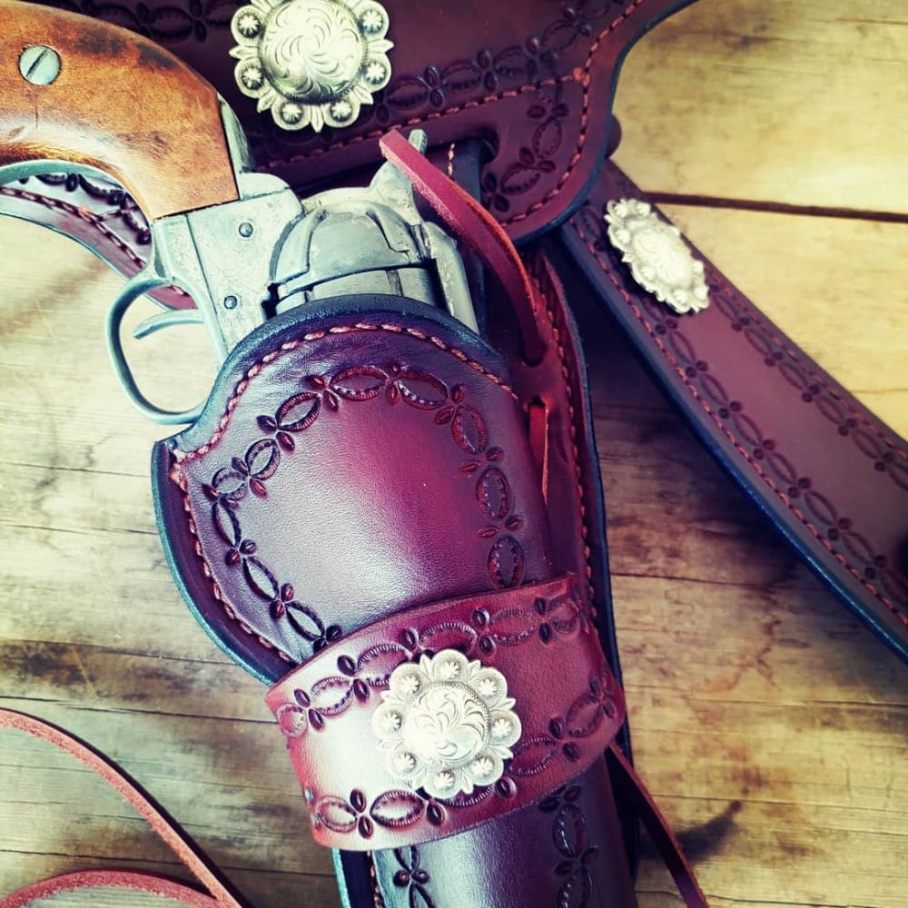 A1 Quickdraw style custom leather revolver holster for SASS shooters or old school sixgun open carry by Circle KB Holsters - from the Breach Bang Clear "Gunleather Threesome" article. 