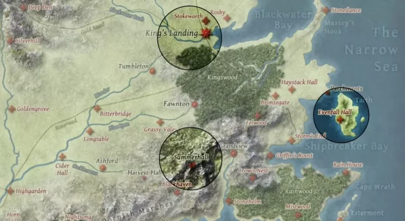 Map of Westeros for Ser Duncan the Tall and Brienne: Summerhall, Evenfall Hall, and Kings Landing.