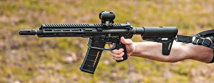 The Magpul BSL AR arm brace is designed to improve single-handed employment of large-format pistols.
