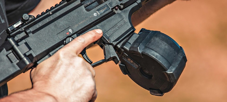 Magpul new products: The unique PMAG D-50 EV9 drum configuration is at a manageable height, for prone firing and easy storage.