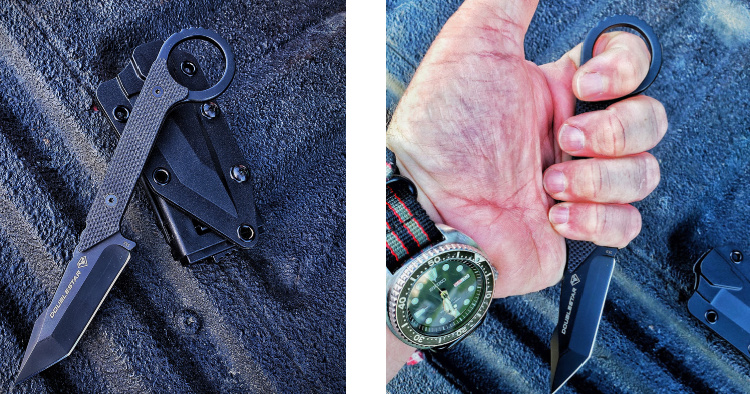 Ahab X fixed blade knife with sheath and in hand.