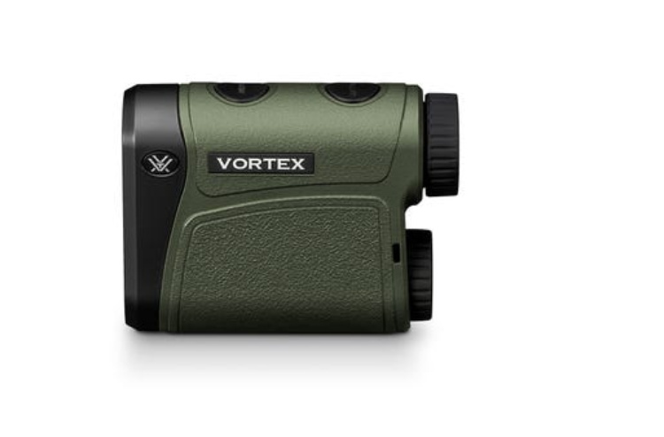 The Vortex Impact 1000 rangefinder comes with a lens cloth, strap, soft carry case, CR2 battery, and ballistic cheater card.