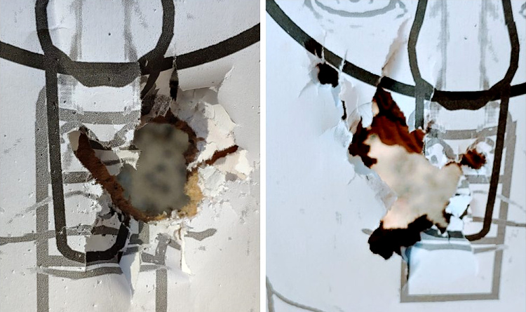 Flitecontrol shotshell pattern, left. Black Hornady shot pattern, right.