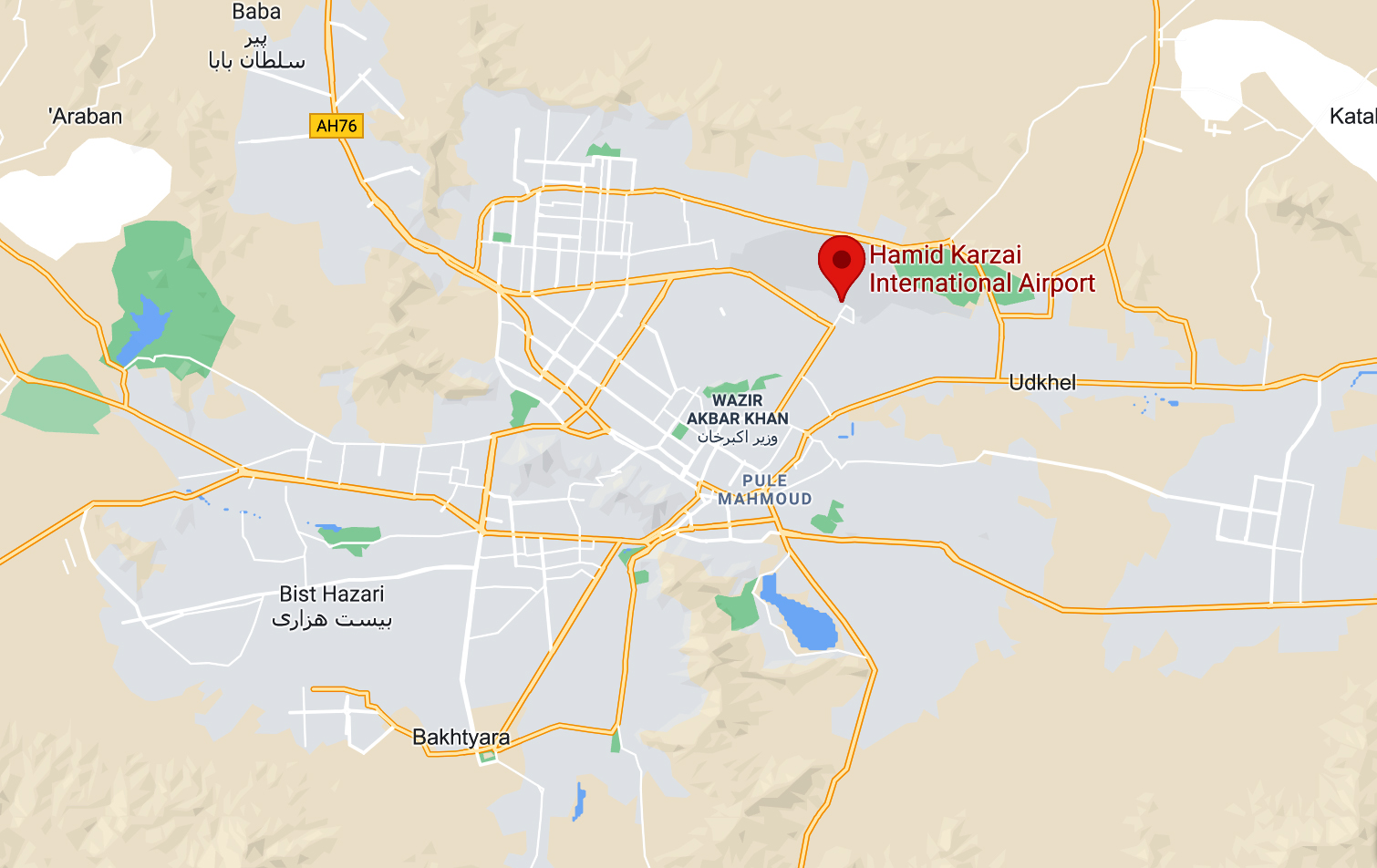 Hamid Karzai International Airport as it relates to the geography of the city. 