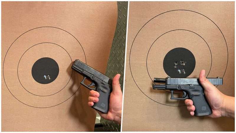 The new G19 during some slow pace, on the left, and controlled pair, on the right, shooting. Photo credit Adam Campbell/Guns.com