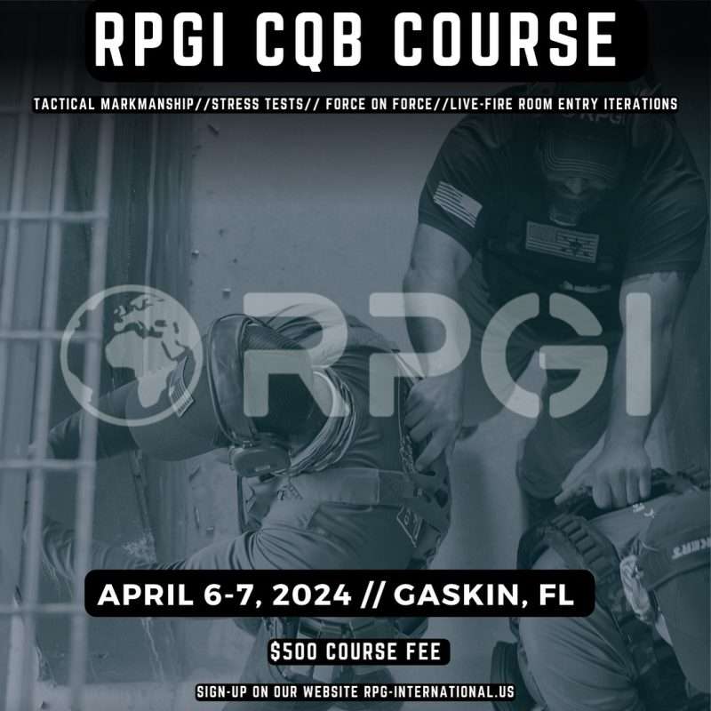 This is one of the training courses conducted by Brendan Souder and Range Project Group International. It's a 20-hour course taught by Close Quarters Battle SMEs from the Special Operations and SWAT communities. It will feature purpose-driven marksmanship training, CQB foundational work, low light training, live fire iterations, and force-on-force exercises. 