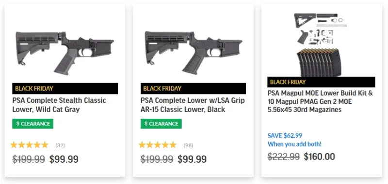 Gun building kits, AR15 parts, AR accessories, magazines (including PMAGs) are included in the Palmetto State Armory Black Friday sale.