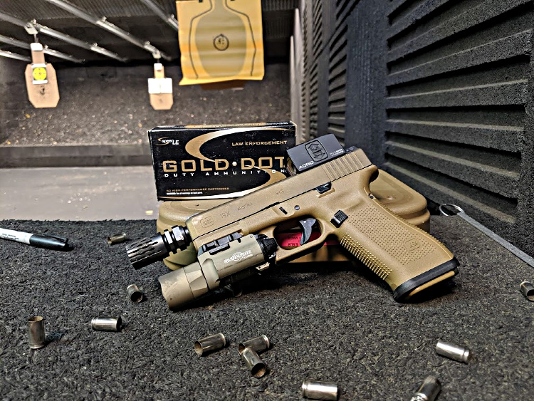 Glock 19X with Aimpoint Acro, Speer Gold Dot ammo.