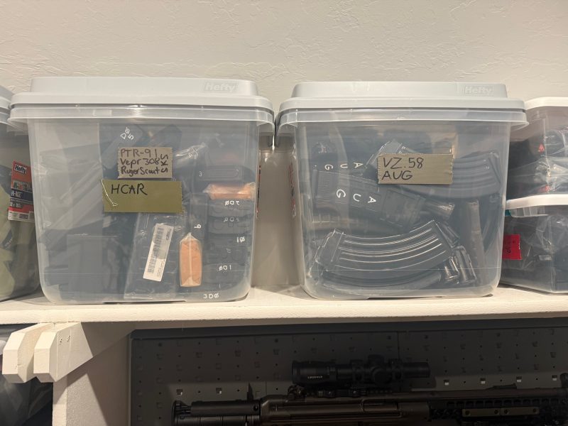 Magazines labeled and separated.