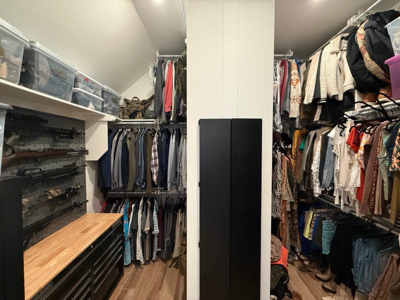 The entire closet with my half as both clothes storage and gun room.