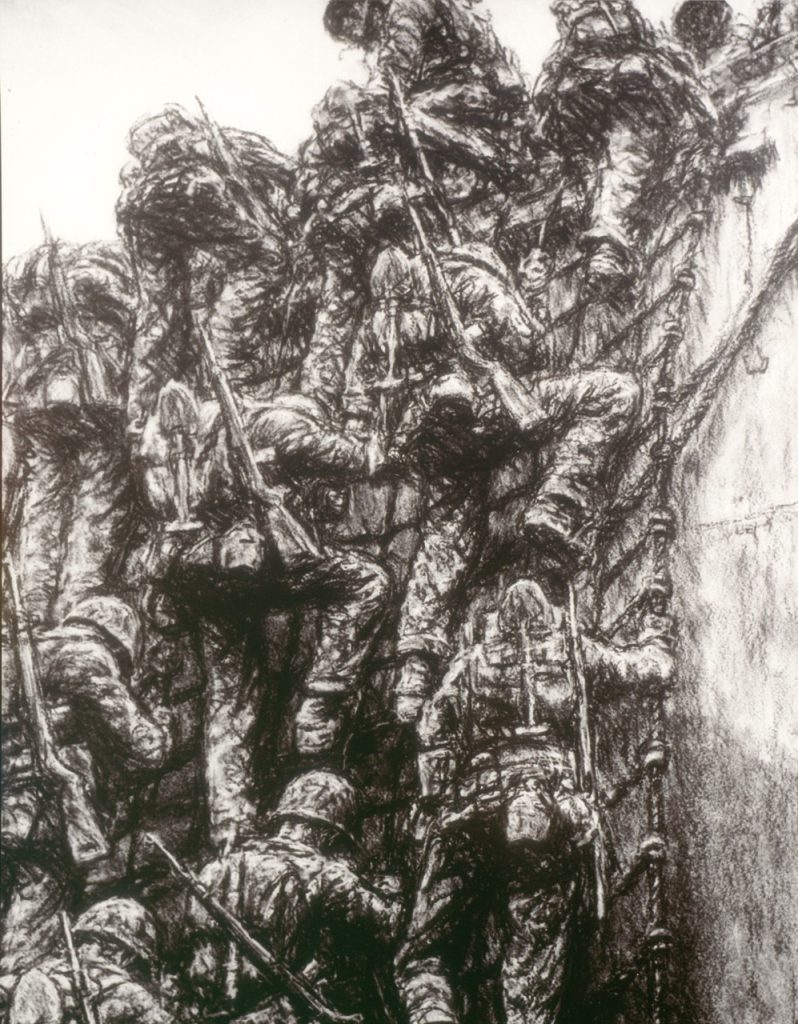 "Down the Net", charcoal on paper, by Kerr Eby, of assault troops preparing to hit the beaches. (Betio, Battle of Tarawa)