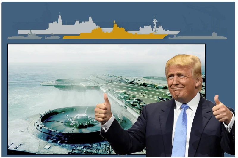 Something like the MCU S.H.I.E.L.D. helicarrier was first considered for the Trump battleship, but the idea was discarded because it wasn't tremendous enough.