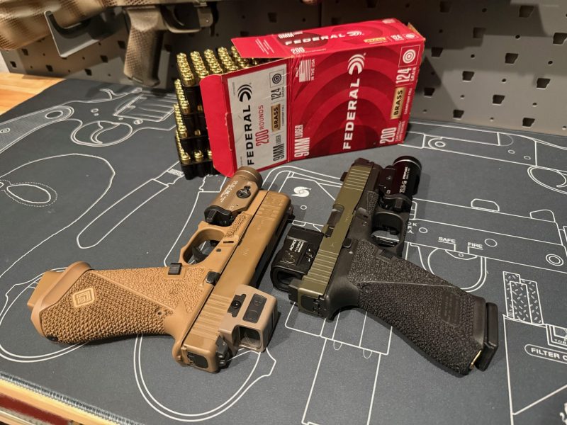 Glock 19X and Glock 45 build maintenance with 124-grain Federal ammunition during technical audit.