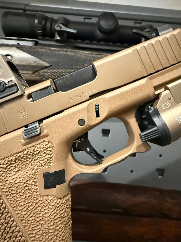 Detail view of the Pontoon Tactical Critical Mass Trigger system installed in a Glock 19X.