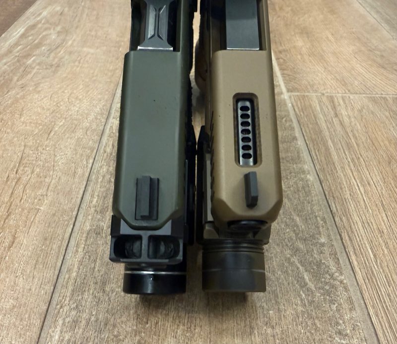 Top-down view comparing Radian Ramjet Afterburner compensator versus Monsoon Tactical porting on Glock slides.