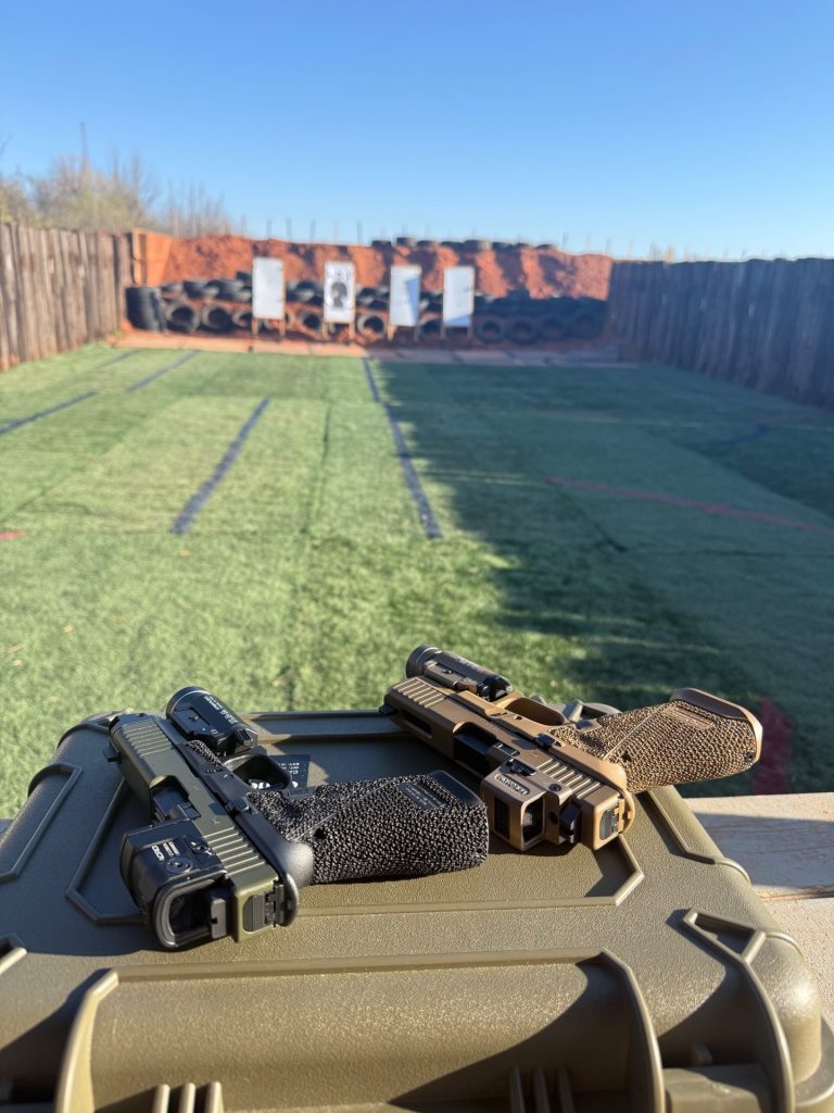 Technical evaluation of Glock 19X and 45 pistols during range testing for Breach-Bang-Clear.