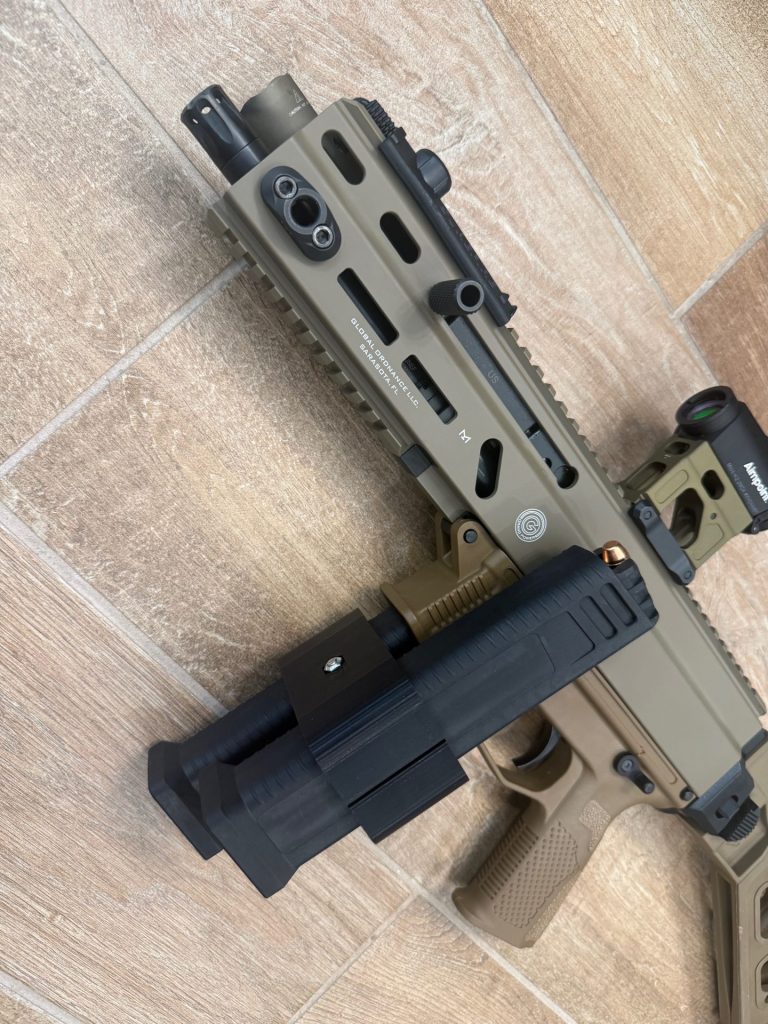 Stribog with two magazines connected using a coupler made on a 3D printer.