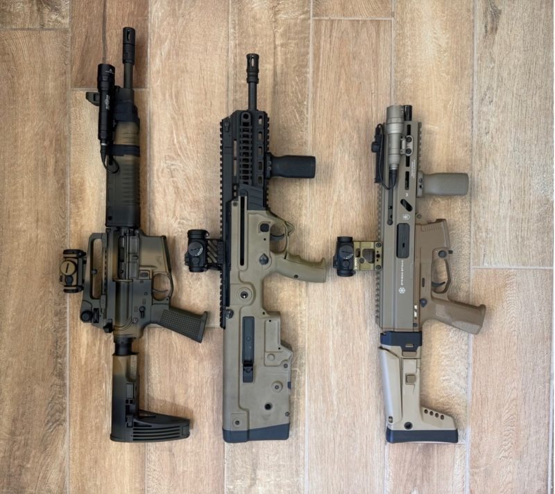 Left to right: 12.5" AR pistol, X95, Stribog in SBR configuration.