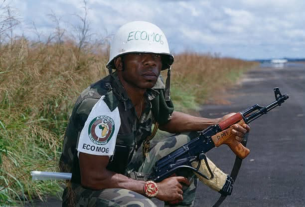 Nigerian "white hat" peacekeeper assigned to the Cease-Fire Monitoring Group in Liberia, 1990.
