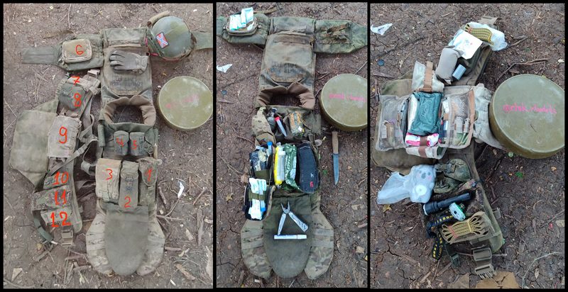 A Russian drone operator's equipment. A large amount of medical equipment is carried due to the high risk of injury without immediate evacuation.